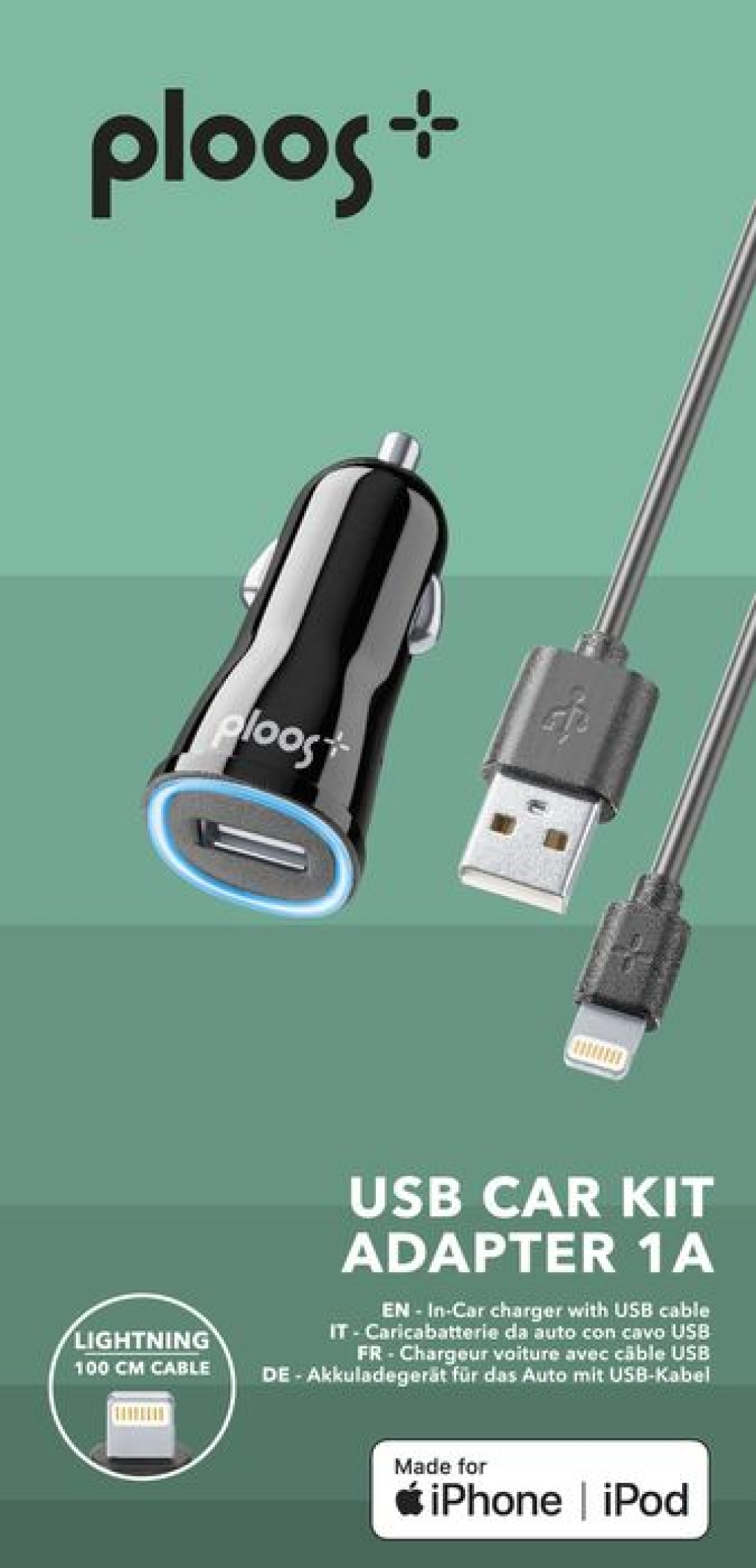 Зарядно за кола PLOOS Apple, MFI 1A черно