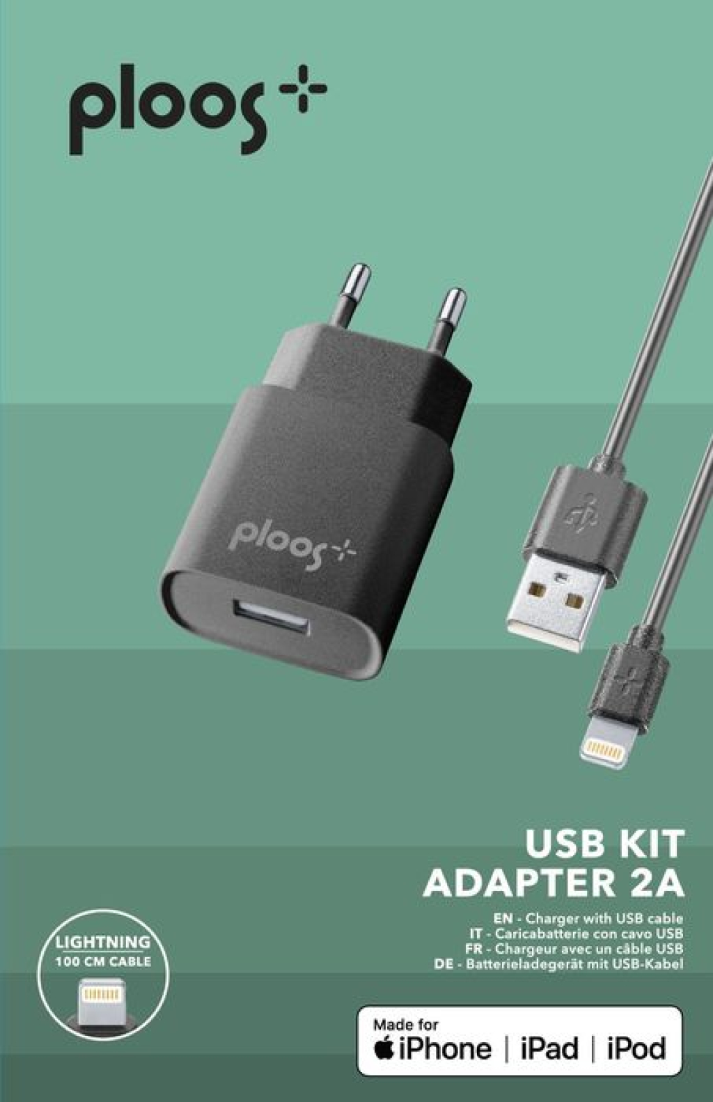 Зарядно устройство PLOOS 220V зa Apple, MFI 2A черно