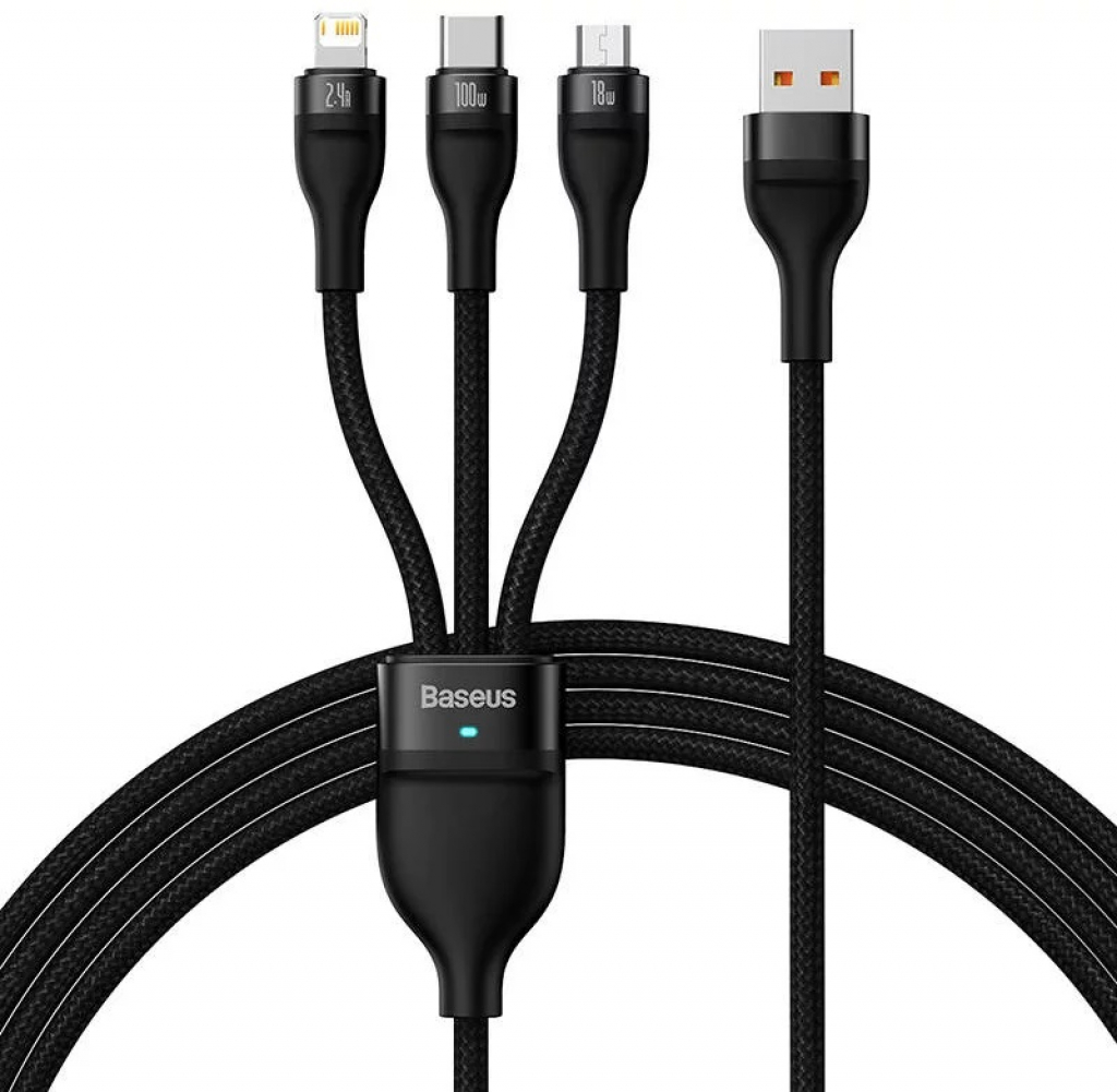 Кабел Baseus 3in1 MicroUSB Type-C Lightning 100W Flash series 1.2m Black