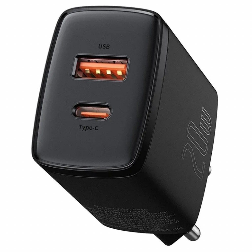 Зарядно устройство Baseus Compact Fast USB Type-A USB Type-C 20W 3A Black