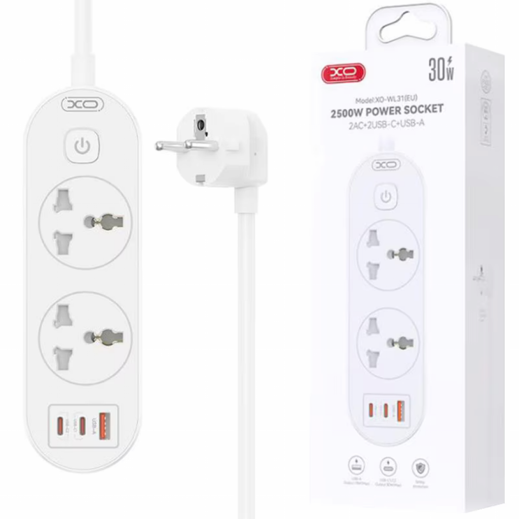 Разклонител XO WL31 30W за ЕС, 2 гнезда, 2 Type-C и USB порта, 2500W, 1.5M кабел