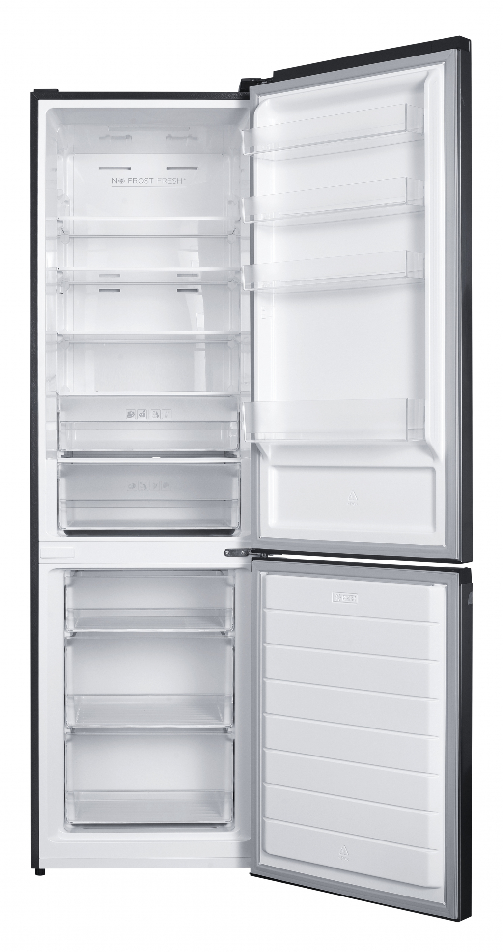 Interior of fridge-freezer Arielli ARD-377HIX NF 377L gray inox with 4 shelves and fresh zone