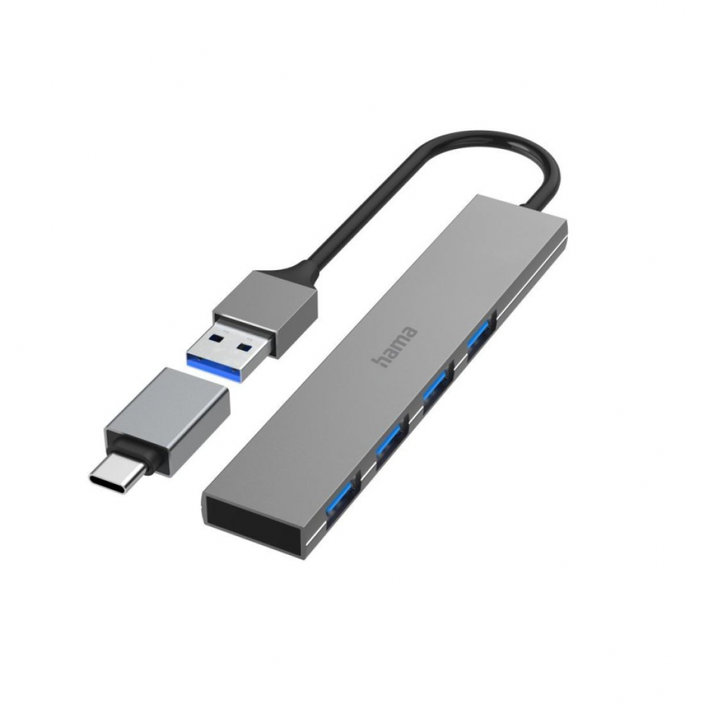 USB HUB HAMA 3.2 200141- 4 порта, 5 Gbit/s, ултратънък, вкл. USB-C адаптер