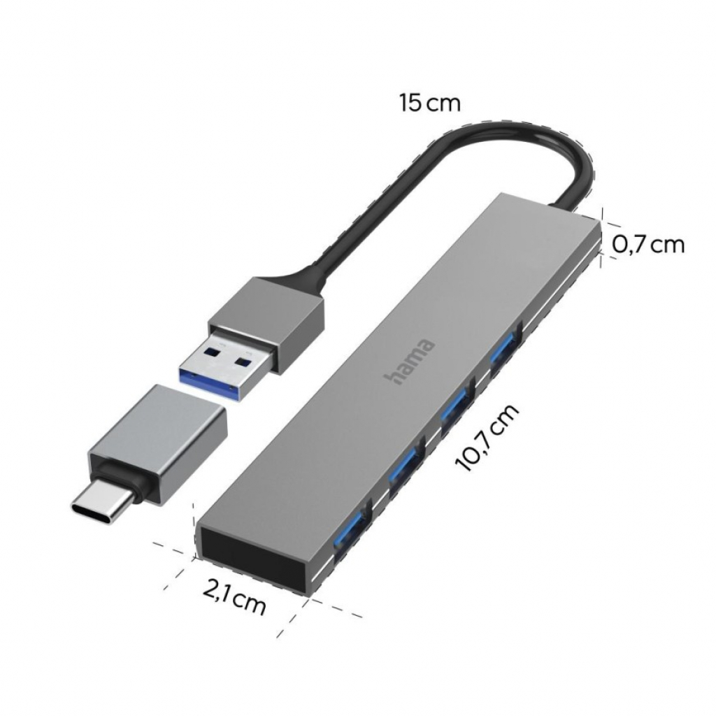 USB HUB HAMA 3.2 200141- 4 порта, 5 Gbit/s, ултратънък, вкл. USB-C адаптер