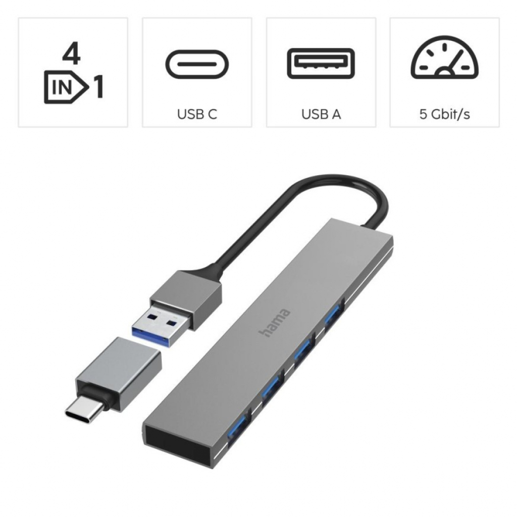 USB HUB HAMA 3.2 200141- 4 порта, 5 Gbit/s, ултратънък, вкл. USB-C адаптер