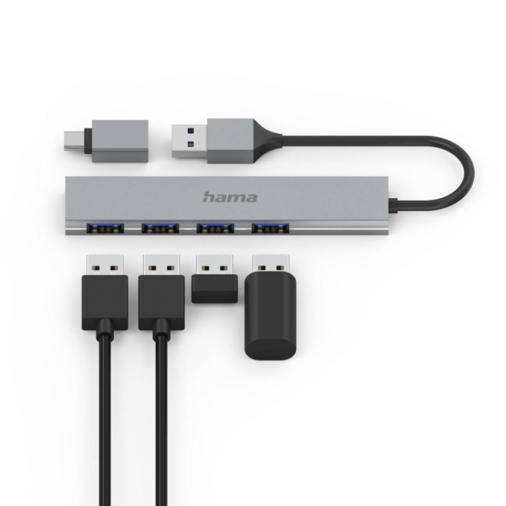 USB HUB HAMA 3.2 200141- 4 порта, 5 Gbit/s, ултратънък, вкл. USB-C адаптер